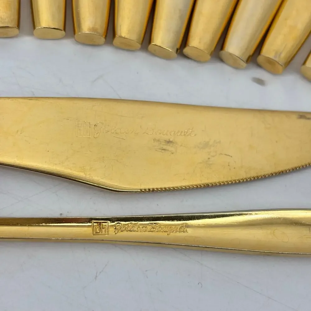 Golden Bouquet 14 Pcs Gold Tone Flatware Hollywood Regency Gold